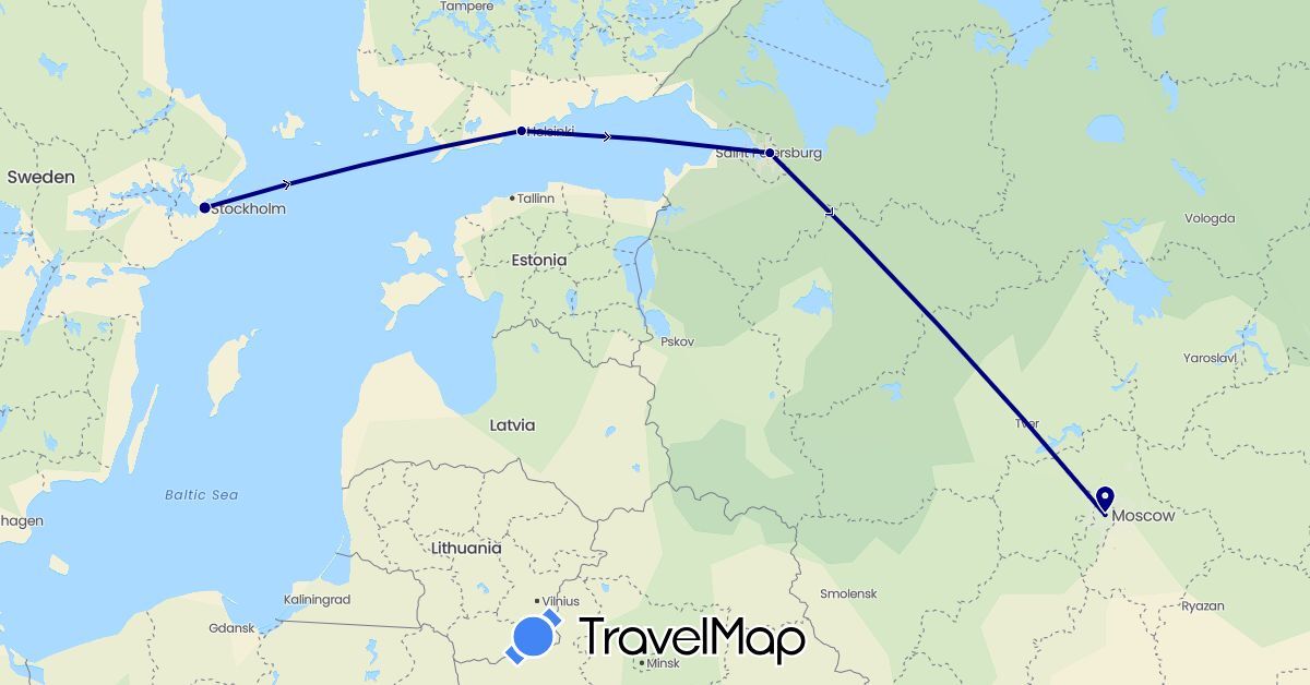 TravelMap itinerary: driving in Finland, Russia, Sweden (Europe)